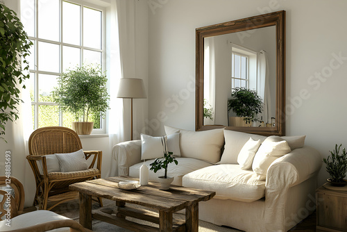 Sunlit interior, light and airy living space with natural textures, wooden furniture, and a calming, neutral color palette creating a relaxed atmosphere photo