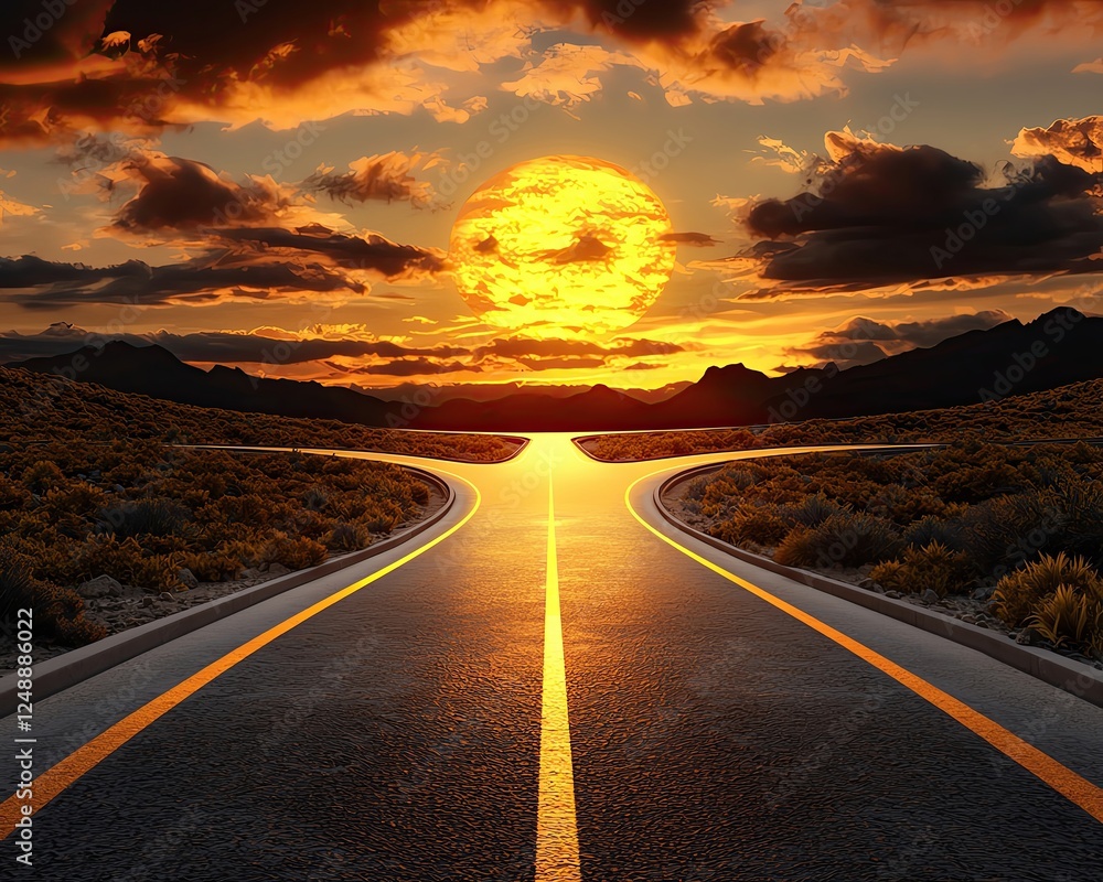 Naklejka premium Road Achievement Radiance by Sunlit Open Roads Symbolizing Success and Personal Growth of Sunset over a winding road in a scenic landscape.