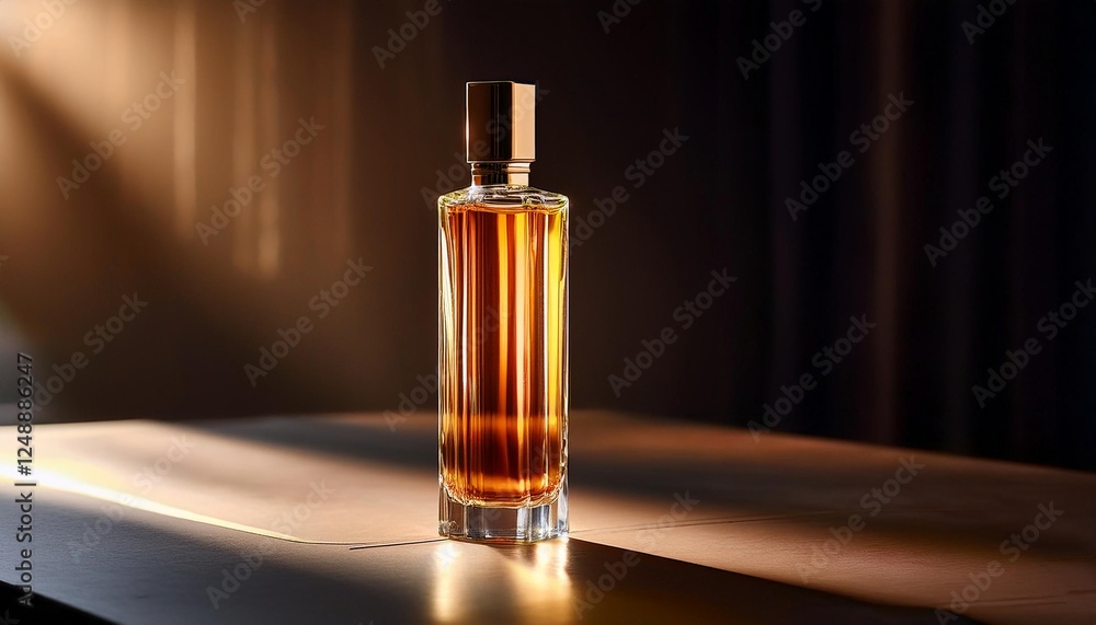Elegant Blank Perfume Bottle Mockup with Amber Liquid in a Warm Temperature. Perfume with Dark Background Background and Natural Daylight. Elegant Blank Perfume Bottle Mockup with Amber Liquid in a Warm Temperature. Perfume with Dark Background Background and Natural Daylight.