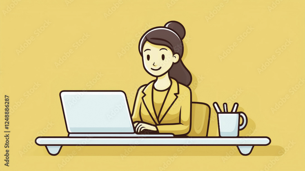 representation of a business woman during office hours working in her laptop. Vector image representation of a business woman during office hours working in her laptop. Vector image