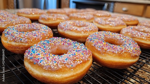 Delicious homemade glazed donuts with colorful sprinkles on cooling rack photo