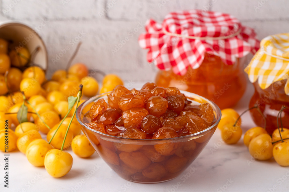 Delicious yellow cherry jam in a jar
