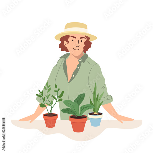 Beautiful young woman with indoor potted plants Colorful concept of home gardening, houseplant care Flat vector illustration highlights trend of nurturing greenery indoors isolated on white background