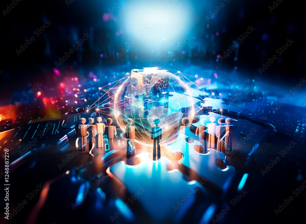 Obraz premium Illuminated globe with network lines surrounded by figures in a dark space. Represents global connection and unity.