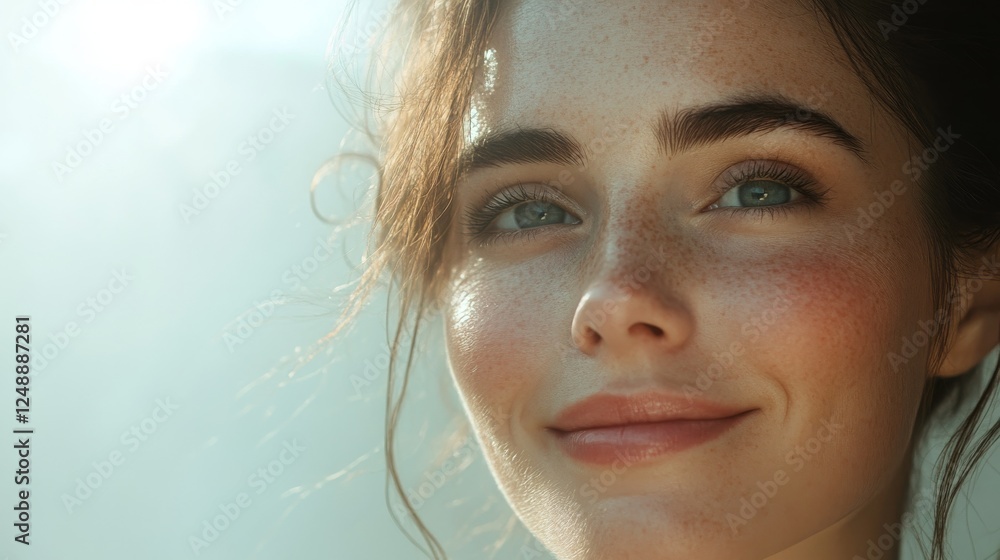 Close up of a beautiful woman smiling softly at camera Close up of a beautiful woman smiling softly at camera