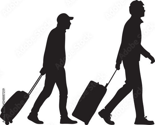 Man walking with a suitcase silhouette, flat black color design, vector illustration design on a white background.