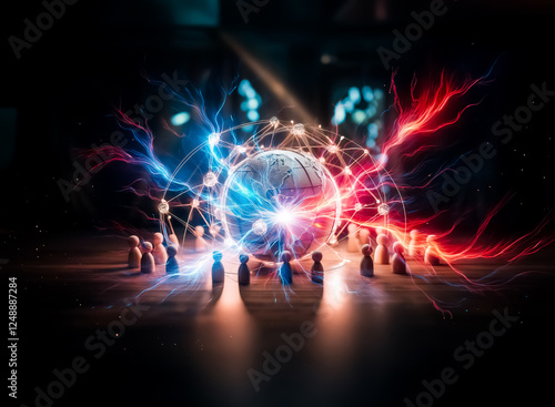 A glowing globe encircled by a network of light rays and wooden figures arranged in a circle, symbolizing global connection and community in a digital age.