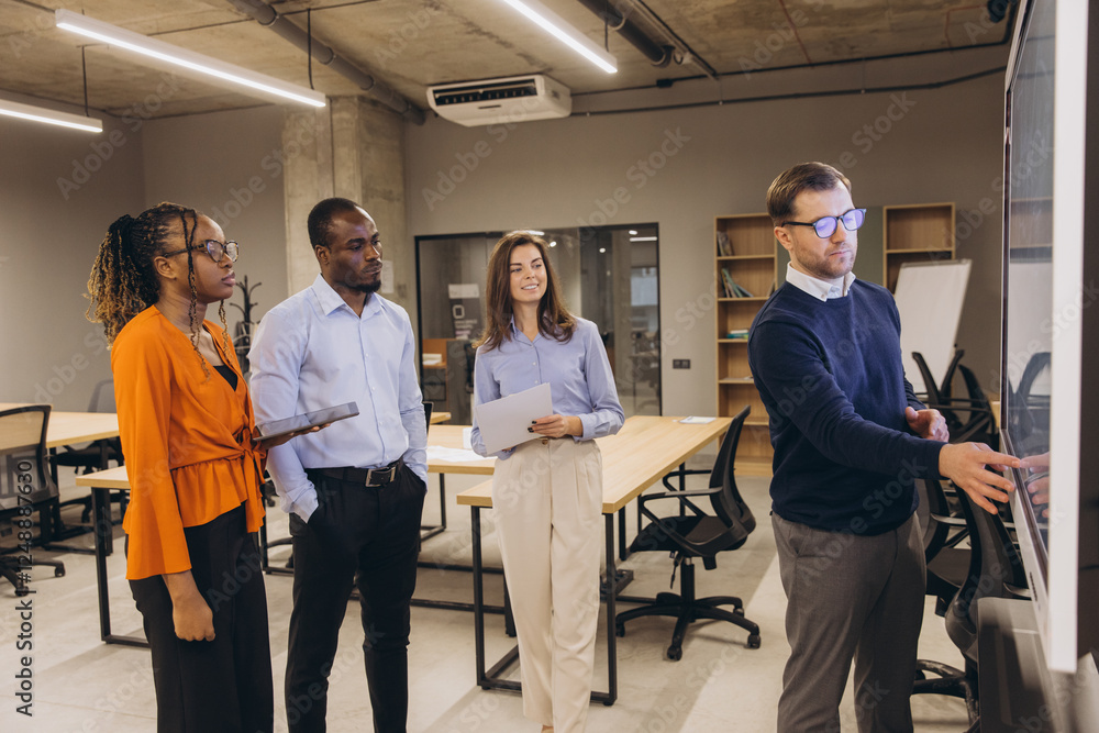 Diverse group of professionals engaged in a collaborative discussion in a modern office environment, highlighting teamwork and innovation Diverse group of professionals engaged in a collaborative discussion in a modern office environment, highlighting teamwork and innovation