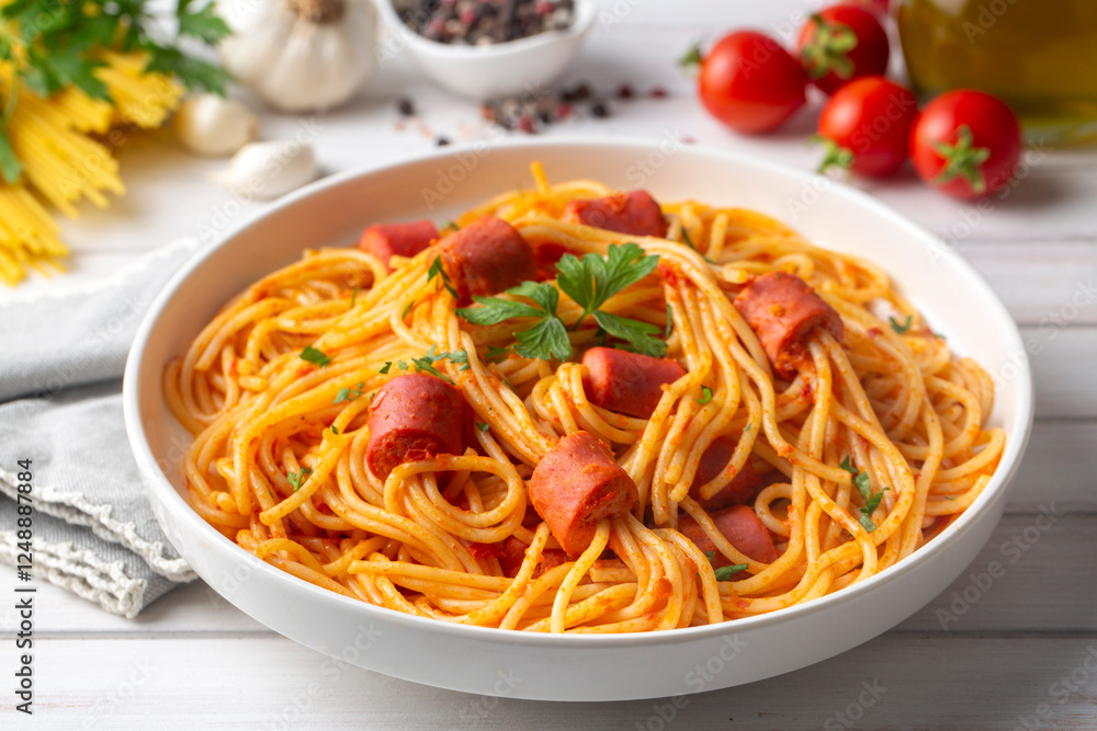 Sausage pasta - octopus spaghetti - Turkish name; Sosisli spagetti