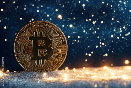 A single gold bitcoin rests on a glittering surface, set against a dark, bokeh-filled background.  A symbol of digital currency and decentralized finance.