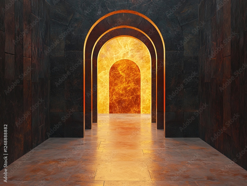 Fototapeta premium A surreal hallway featuring archways leading to a glowing, fiery backdrop, creating an intriguing and mysterious atmosphere.