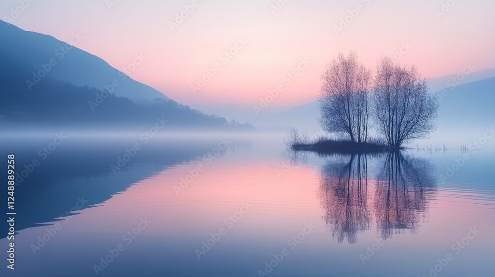 Fototapeta premium Trees stand on a small island reflected in calm water