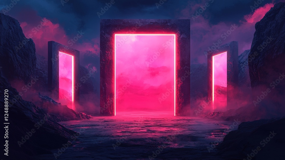 Obraz premium A surreal landscape featuring three glowing pink portals surrounded by dark rocks and misty atmosphere.