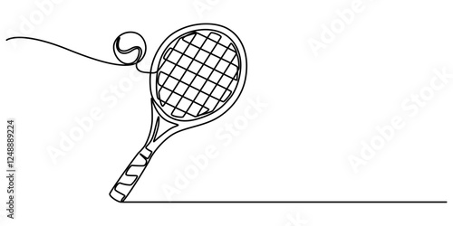 Tennis Continuous Line Illustration, tennis ball and racket one line drawing, Tennis Racket hit ball close up, outline pro vector illustration on white background. minimal concept simple style. 