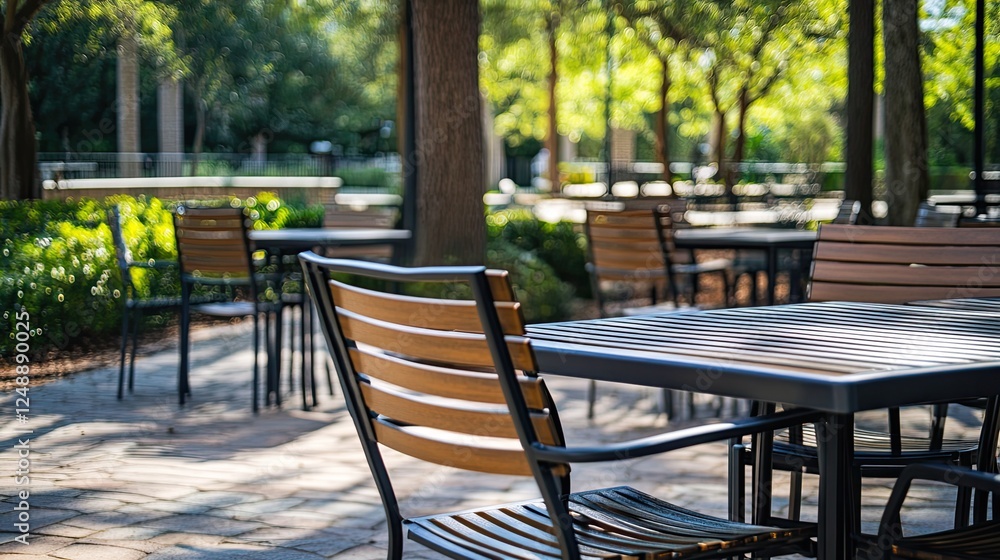 Outdoor seating area with tables and chairs under shady trees for gatherings Outdoor seating area with tables and chairs under shady trees for gatherings