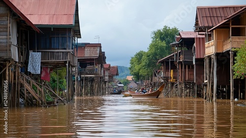 Stilt Houses and Boats in a Traditional Floating Village River Scene photo