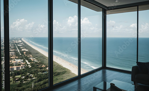 Panoramic coastal vista  a modern sanctuary blending serene ocean views with contemporary interior design and expansive floor to ceiling windows