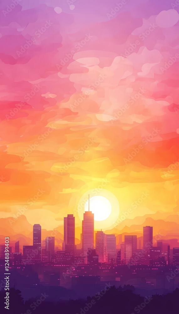 Fototapeta premium Urban Sunset Skyline, Colorful Cityscape Silhouette with Orange, Pink, Purple Hues, and Bokeh