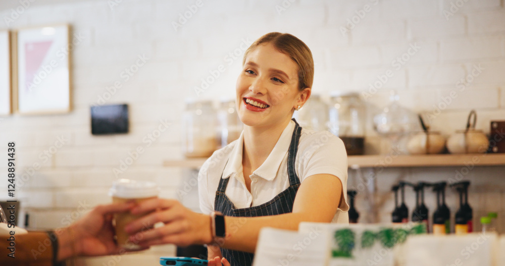 Cafe, woman and business owner with coffee for order, sale or customer service. Entrepreneur, waiter or barista with POS machine for payment, retail checkout and ecommerce technology in cafeteria Cafe, woman and business owner with coffee for order, sale or customer service. Entrepreneur, waiter or barista with POS machine for payment, retail checkout and ecommerce technology in cafeteria