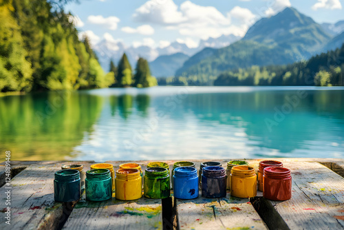 Ethereal vista of Alpsee lake captured behind vividly hued paints, creating a symphony of nature and artistic expression on a weathered wooden deck photo