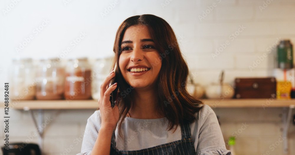 Cafe, woman and business owner with phone call for restaurant management, orders or customer service. Entrepreneur, waiter or barista with digital technology for coffee shop, startup or ecommerce Cafe, woman and business owner with phone call for restaurant management, orders or customer service. Entrepreneur, waiter or barista with digital technology for coffee shop, startup or ecommerce