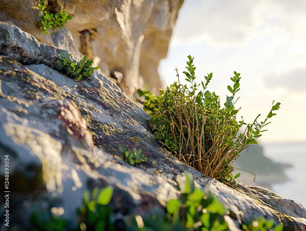 Resilient plants clinging to a rocky cliff face overlooking the sea at sunset Resilient plants clinging to a rocky cliff face overlooking the sea at sunset