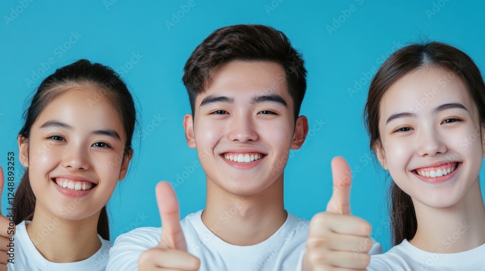 three happy asian friends giving thumbs up three happy asian friends giving thumbs up