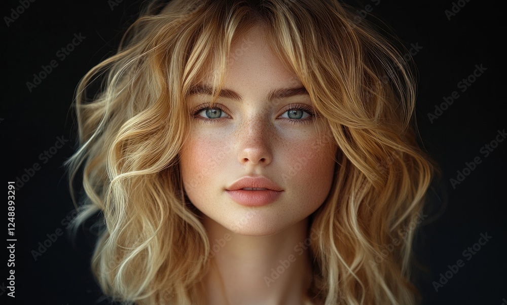 Naklejka premium Elegant blonde woman with wavy hair smiling in natural light portrait