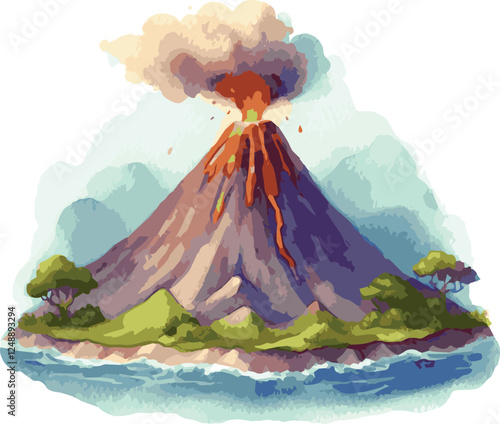 Watercolor Vector Illustration of a Volcano