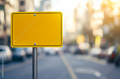 Blank vibrant yellow sign on city street, perfect for advertisements, directional messages, or safety announcements in urban landscapes photo