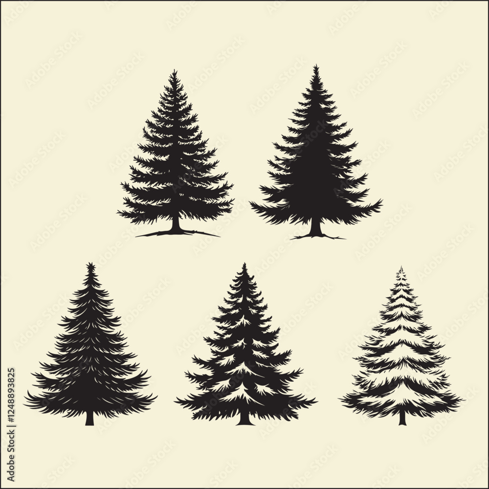 Obraz premium Snowy pine tree set silhouette