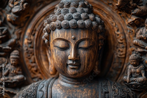 Intricate Buddha Statue with Tympanum Carvings in Golden Temple Nepal Art photo