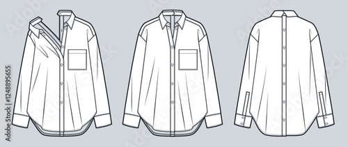 Button-Up Shirt Technical Fashion Sketch. Classic Shirt with front and back buttons fashion flat technical drawing template, front, back view, white, pocket, transformer, women, men, unisex CAD mockup