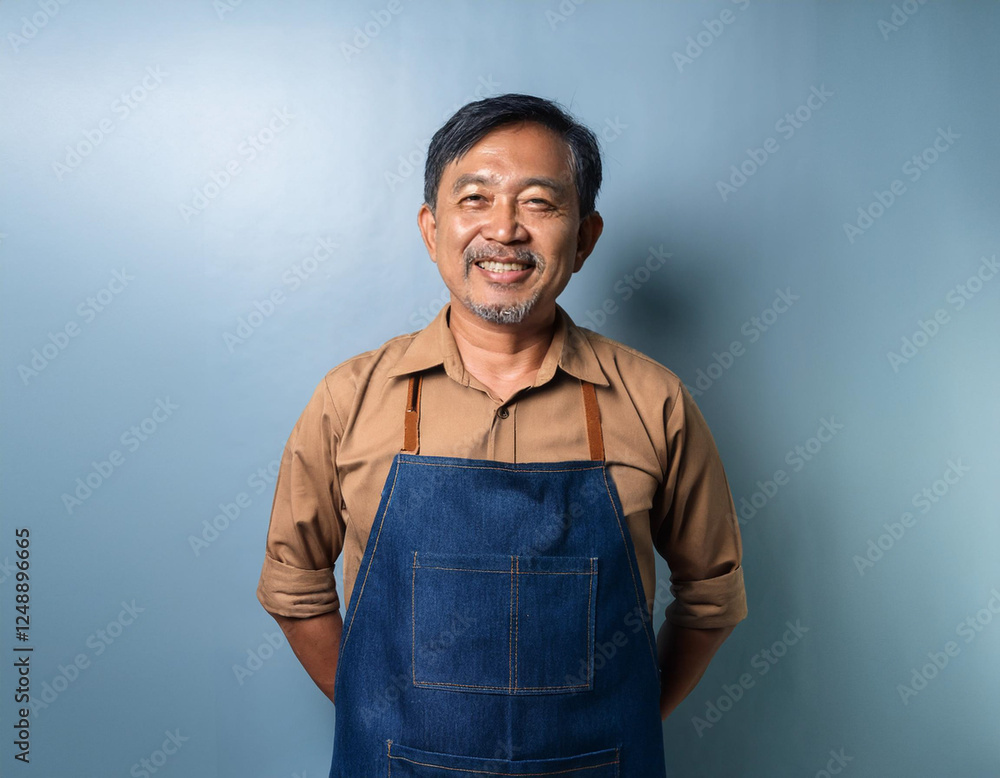 Obraz premium Asian man wearing apron and looking at camera