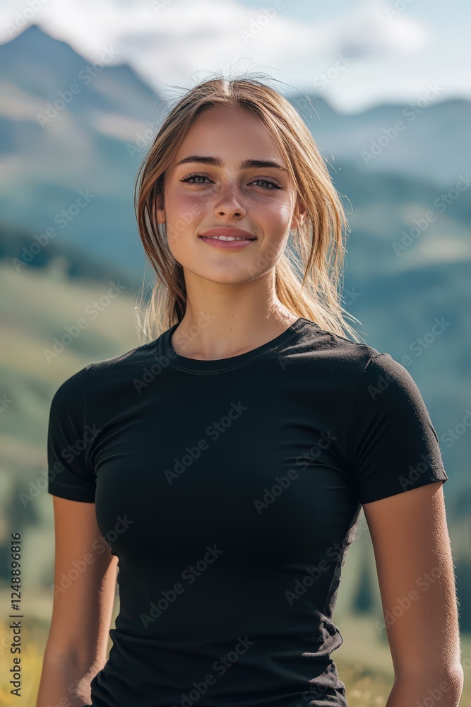 A young woman wearing a blank black t-shirt for a mockup A young woman wearing a blank black t-shirt for a mockup