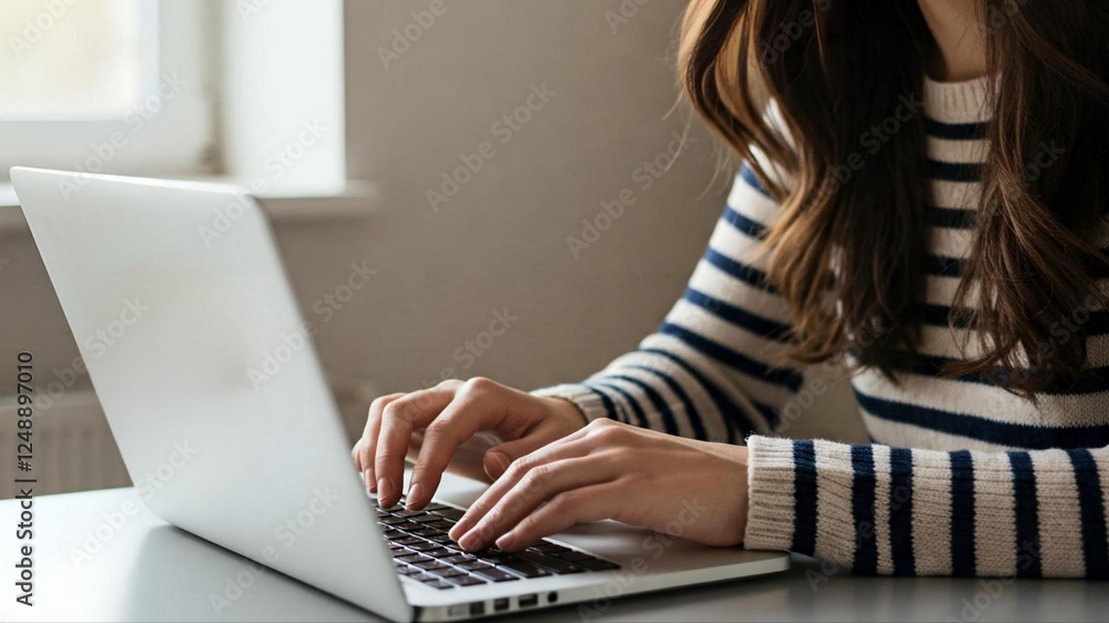 Naklejka premium A person with long hair typing on a silver laptop, wearing a striped sweater, sitting at a wooden table by a window.