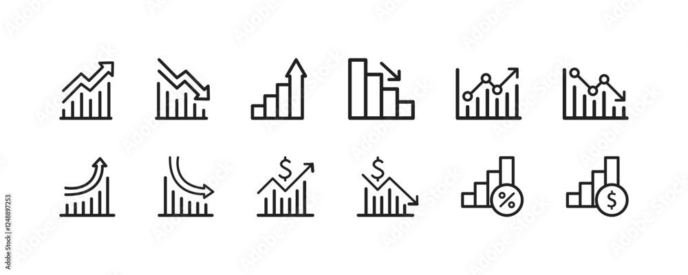 Vector Icon set of a graph of the rising and falling currency of the dollar. The graph shows an up and down arrow and a US dollar sign. MASTER INCREASE DECREASE Vector Icon set of a graph of the rising and falling currency of the dollar. The graph shows an up and down arrow and a US dollar sign. MASTER INCREASE DECREASE