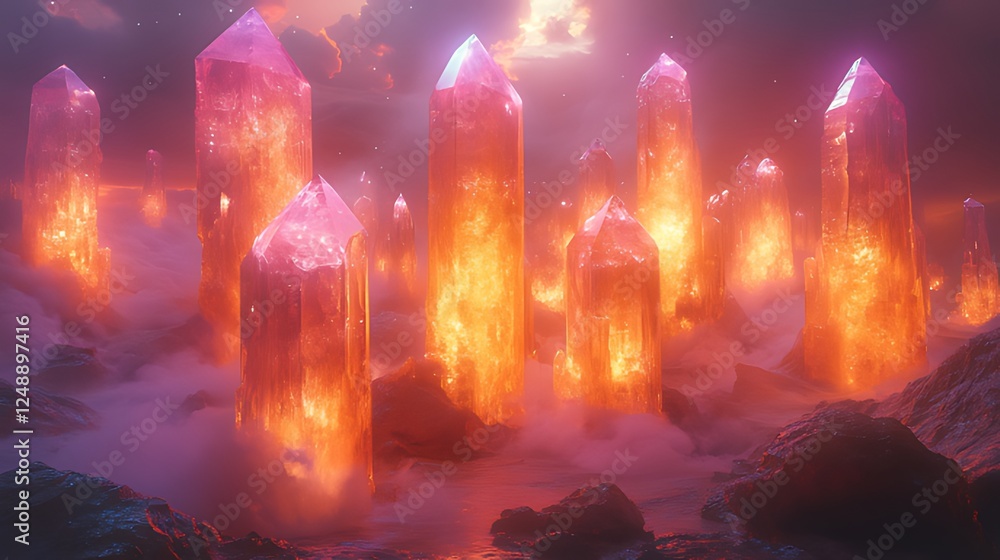 Glowing crystals ablaze, fantasy landscape, digital art, game asset Glowing crystals ablaze, fantasy landscape, digital art, game asset