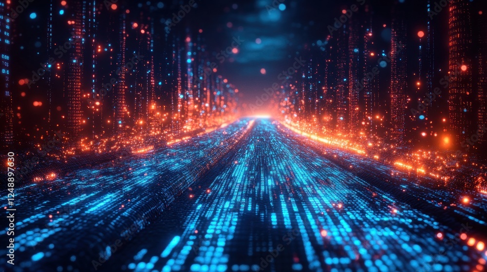 Futuristic Digital Highway with Glowing Binary Code and Neon Lights Futuristic Digital Highway with Glowing Binary Code and Neon Lights