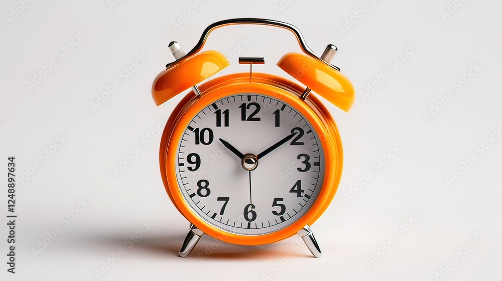 Orange alarm clock on a white background, showing the time.