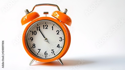 Orange alarm clock on white background, displaying a specific time. photo