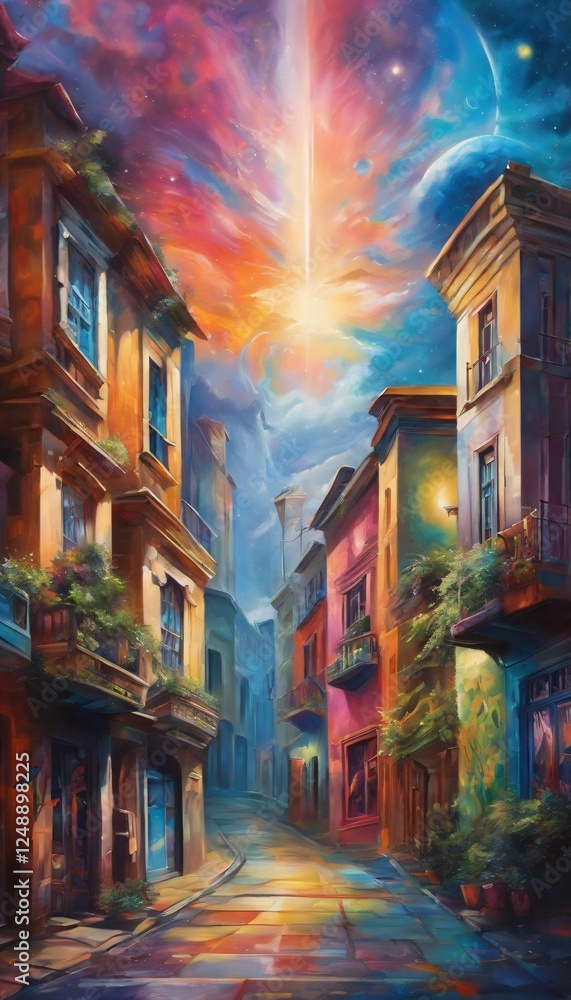 Vibrant street scene with cosmic sky Vibrant street scene with cosmic sky