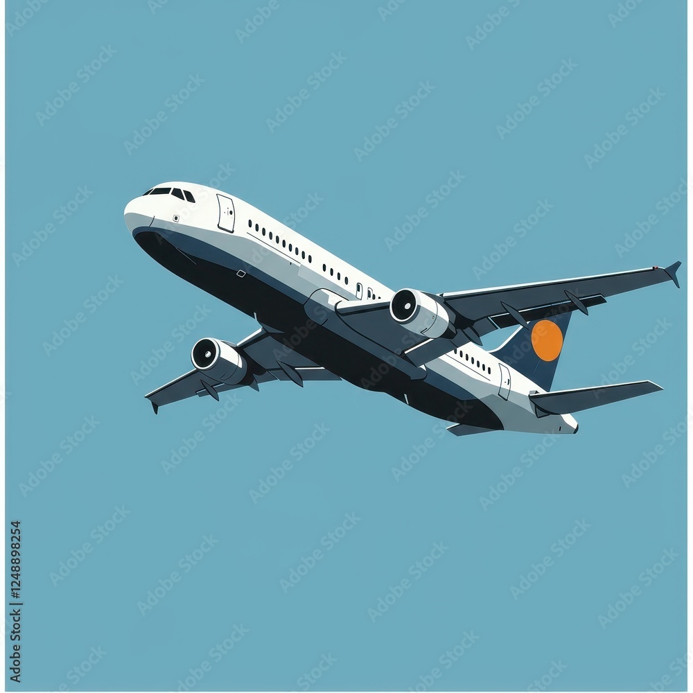 Obraz premium Illustration of Commercial Airplane Soaring in Clear Blue Sky for Aviation and Travel Concepts