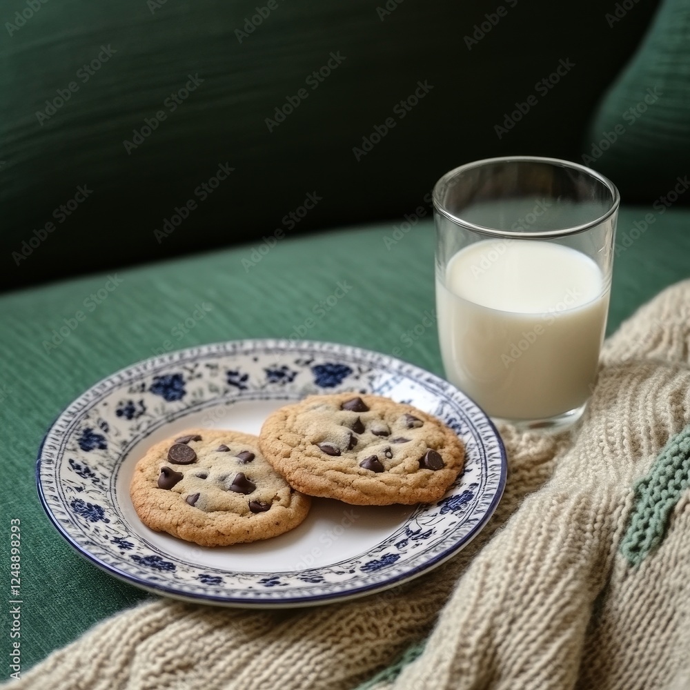 Freshly baked chocolate chip cookies served with a glass of milk on a cozy green sofa during a relaxing afternoon Freshly baked chocolate chip cookies served with a glass of milk on a cozy green sofa during a relaxing afternoon
