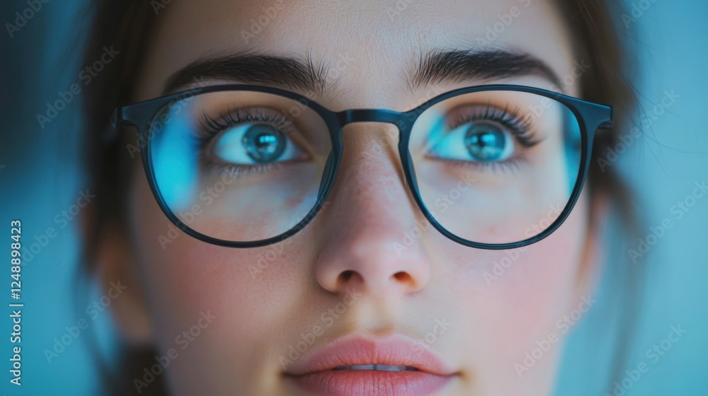close up of woman wearing glasses looking up close up of woman wearing glasses looking up
