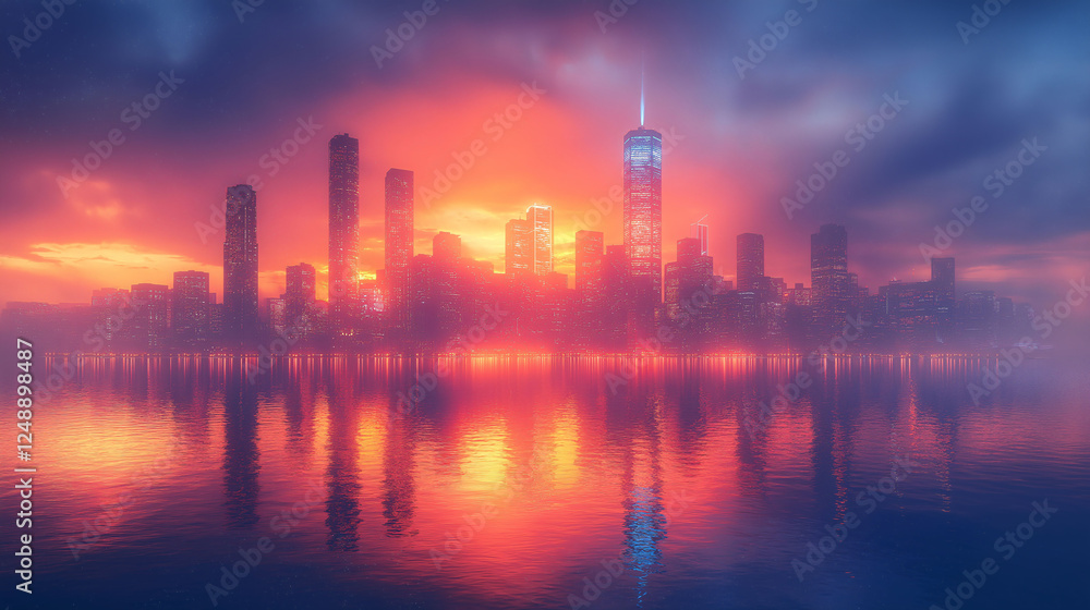 Fototapeta premium Cityscape Sunset Reflection Modern Metropolis at Dusk