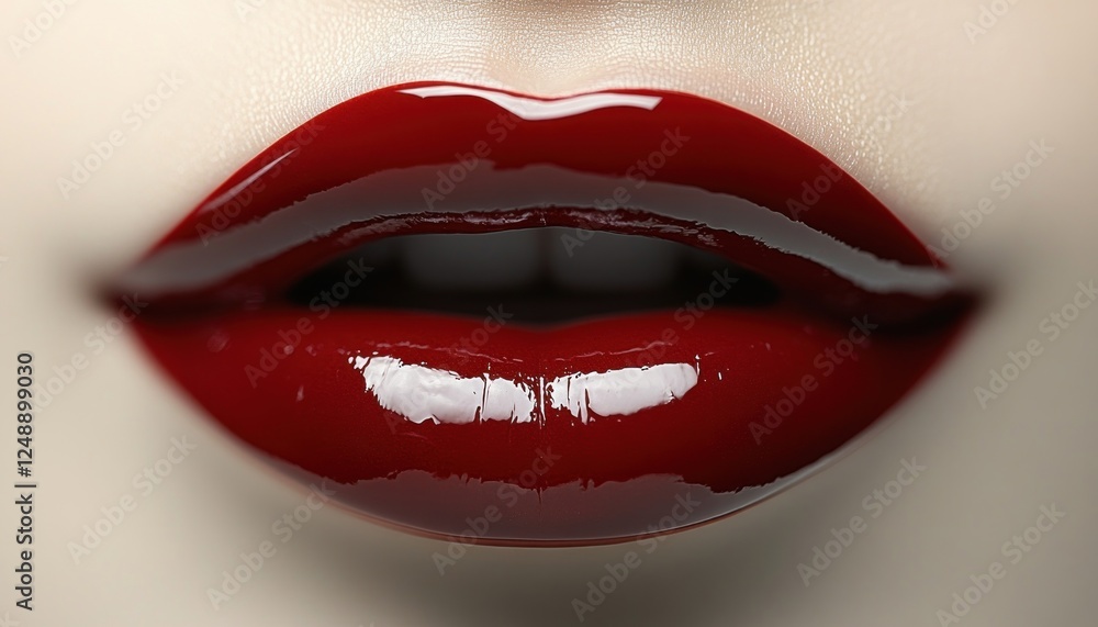 Obraz premium Glossy Red Lips Close-Up Beauty Photography on White Background