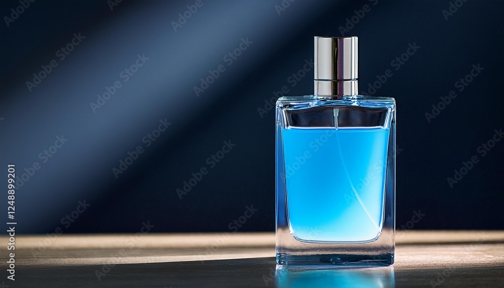 Elegant Blank Perfume Bottle Mockup with Blue Liquid in a Cool Temperature. Perfume with Dark Background Background and Natural Daylight. Elegant Blank Perfume Bottle Mockup with Blue Liquid in a Cool Temperature. Perfume with Dark Background Background and Natural Daylight.