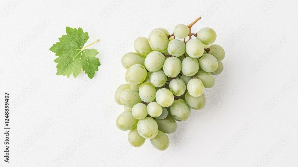 Fresh green grapes cluster with a leaf on a minimalist white background, symbolizing health, vitality, and natural nutrition for wellness concepts Fresh green grapes cluster with a leaf on a minimalist white background, symbolizing health, vitality, and natural nutrition for wellness concepts
