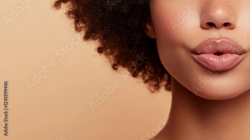 Close up of a model puckering her lips, highlighting the results of a cosmetic procedure, potentially lip augmentation, against a neutral background